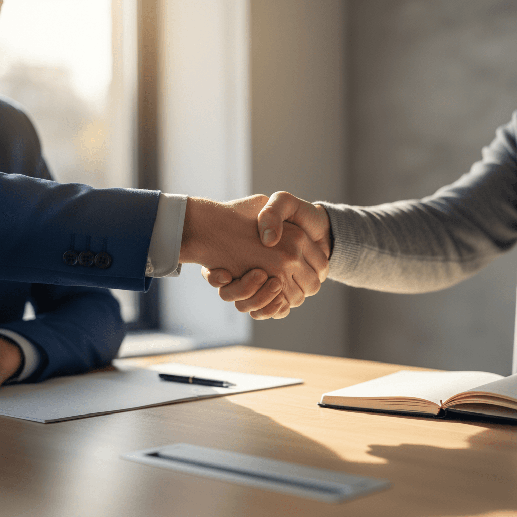Hand receiving a check in an office
