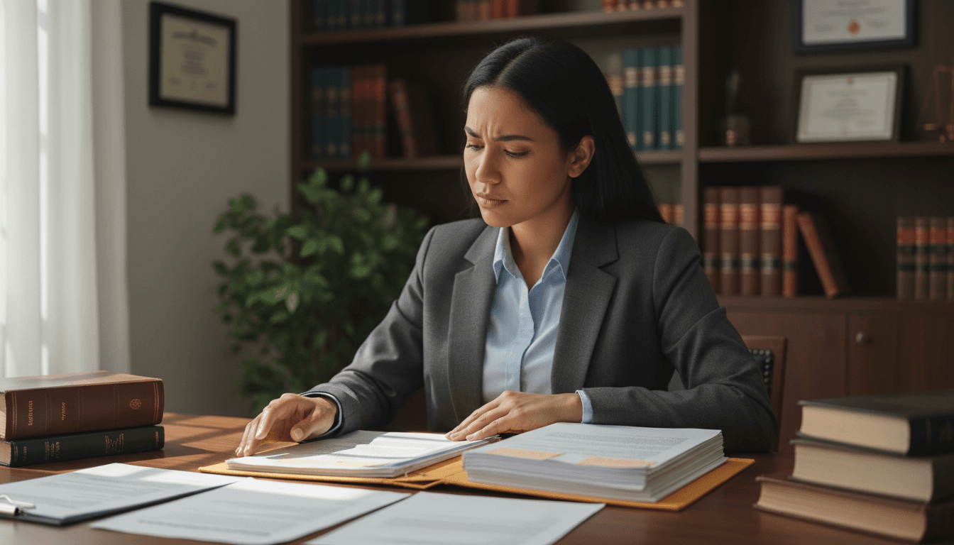Professional woman reviewing legal documents at a bright modern desk