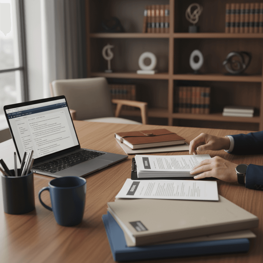 Attorney reviewing case files in a professional office